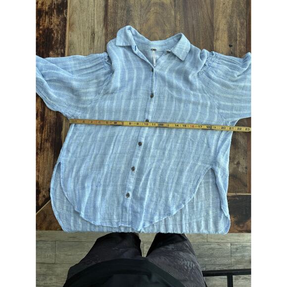 Free People Blue White Stripe Headed to the Highlands Button Up Top Size Medium - Picture 7 of 8